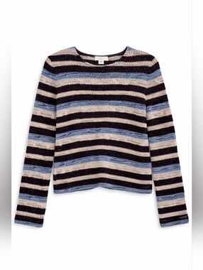 St. John Sport Marie Gray Striped Knit Sweater P Blue Black Metallic Stretch Top